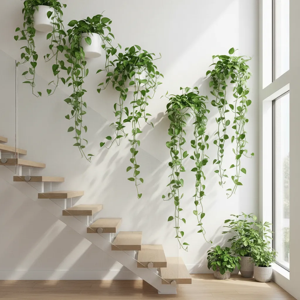 Plantas colgantes decorando la pared de una escalera interior