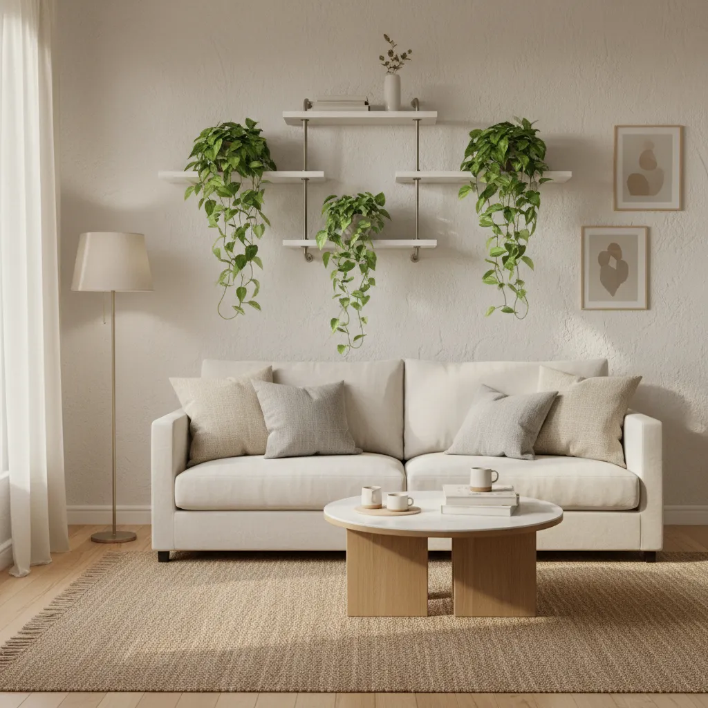 Cozy living room with white sofa, round coffee table, wall shelves with hanging green vines