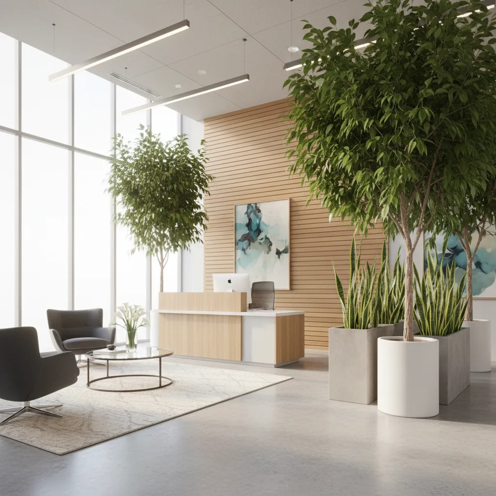Modern office reception area with wood desk, grey chairs, glass coffee table, and tall plants