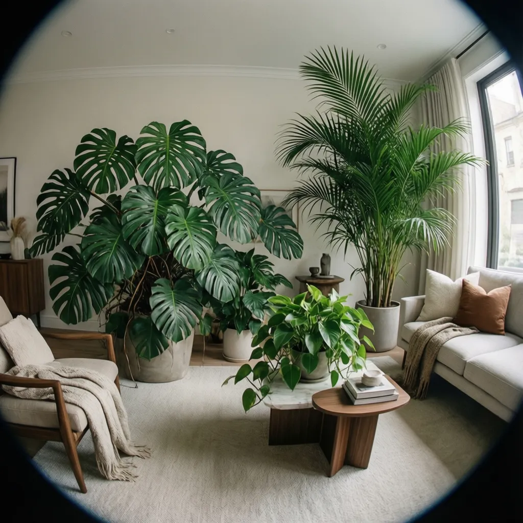 Varias plantas decorativas integradas en un salón moderno