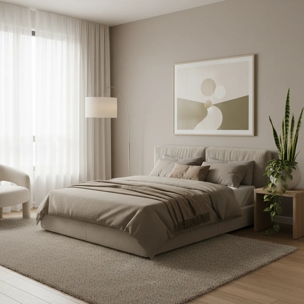 Dormitorio moderno con plantas decorativas en mesita y esquina