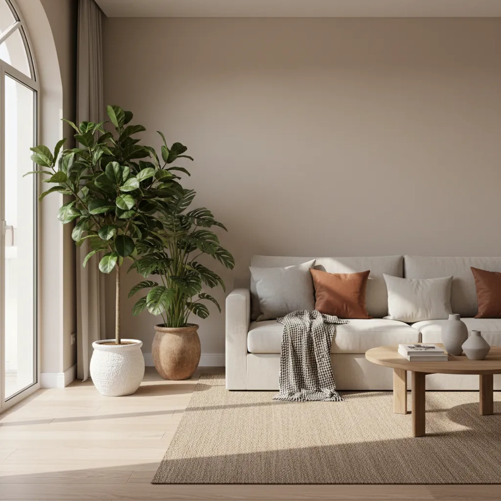 Two green plants in pots within a living room with sofa and wooden coffee table
