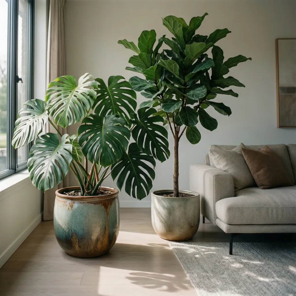 Large green indoor plants in decorative pots standing next to a beige sofa and window