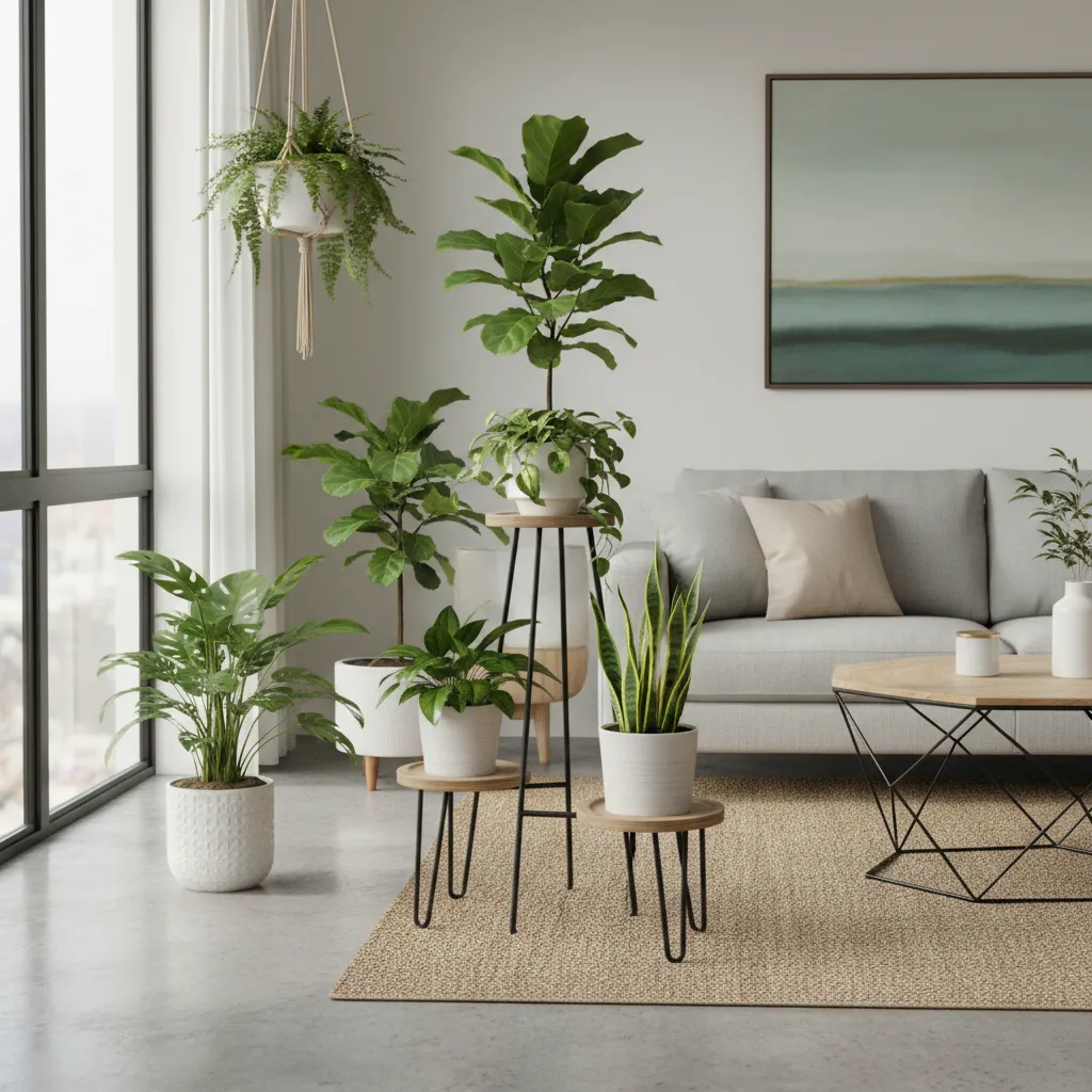 Plantas de interior colocadas a diferentes alturas con soportes y macetas colgantes