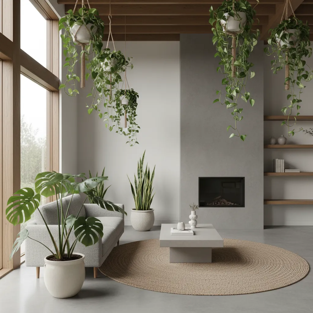 Diseño interior moderno integrando varias plantas decorativas