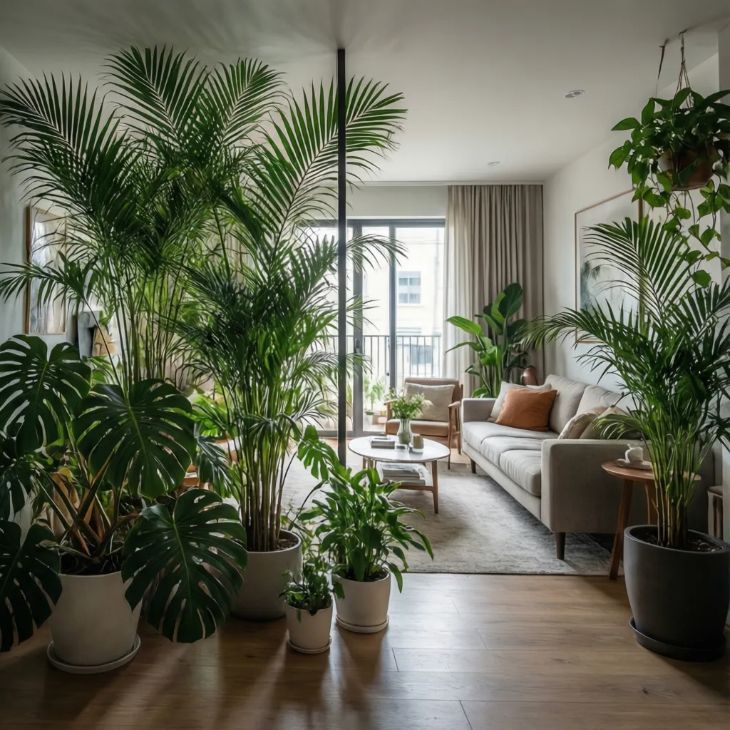Living room with beige sofa wood floor and many green plants serving as room dividers