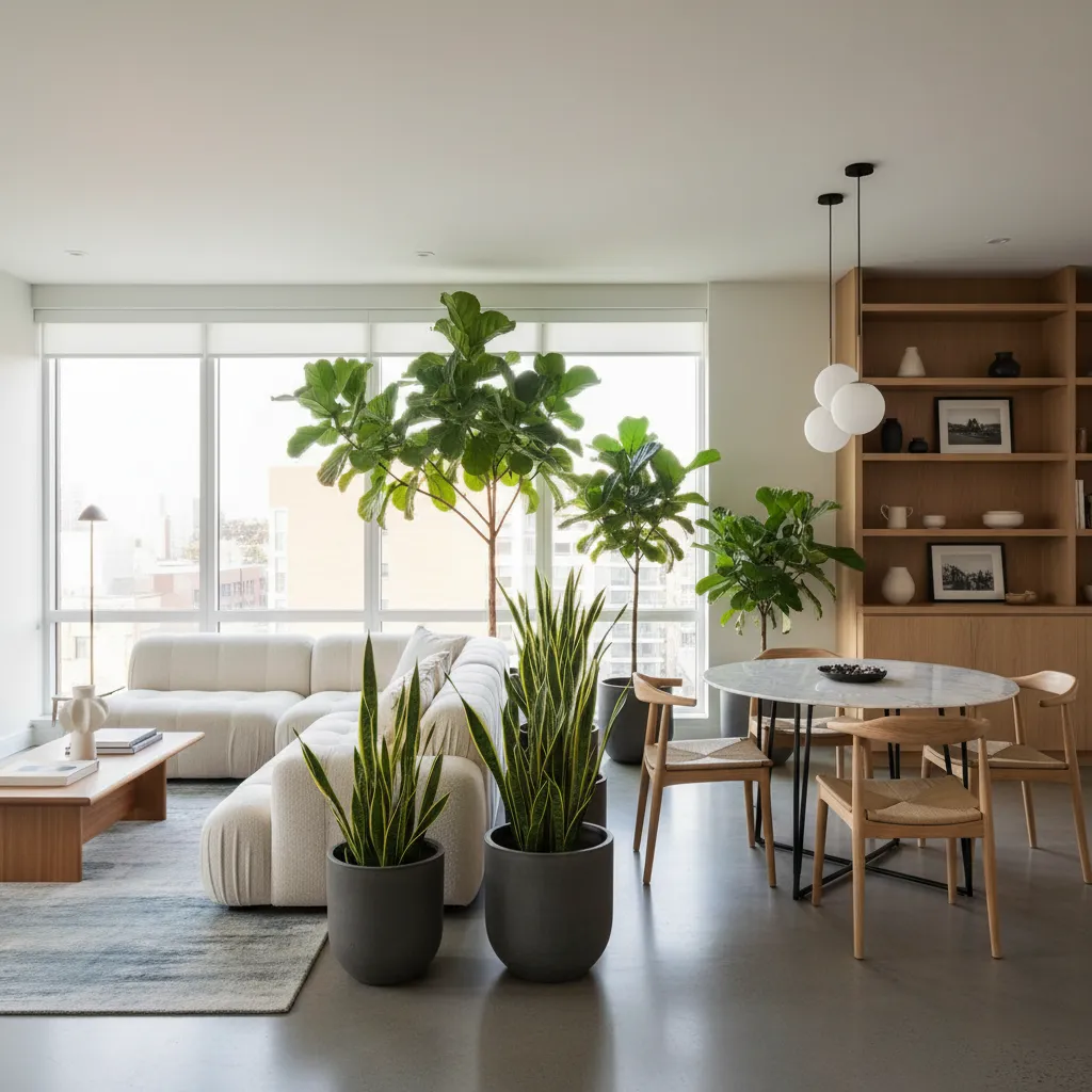 Plantas altas usadas para separar visualmente sala y comedor