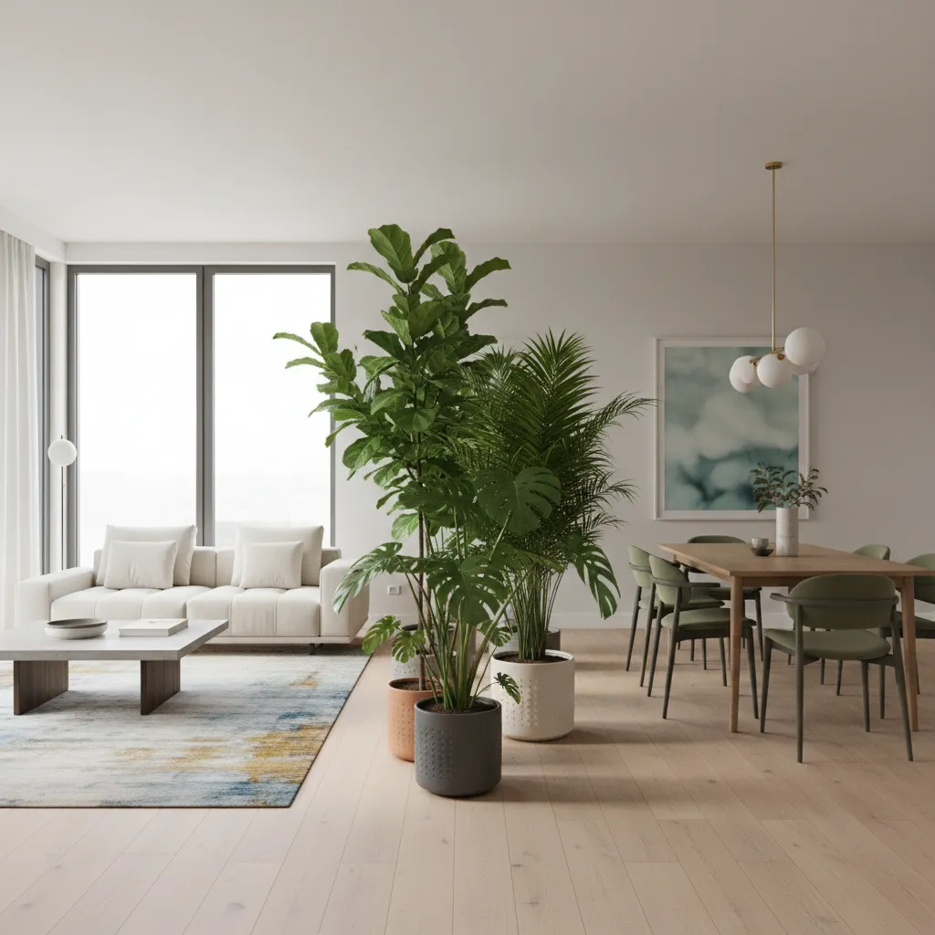 Bright open living room with green plants white sofa wooden dining table and wood floors