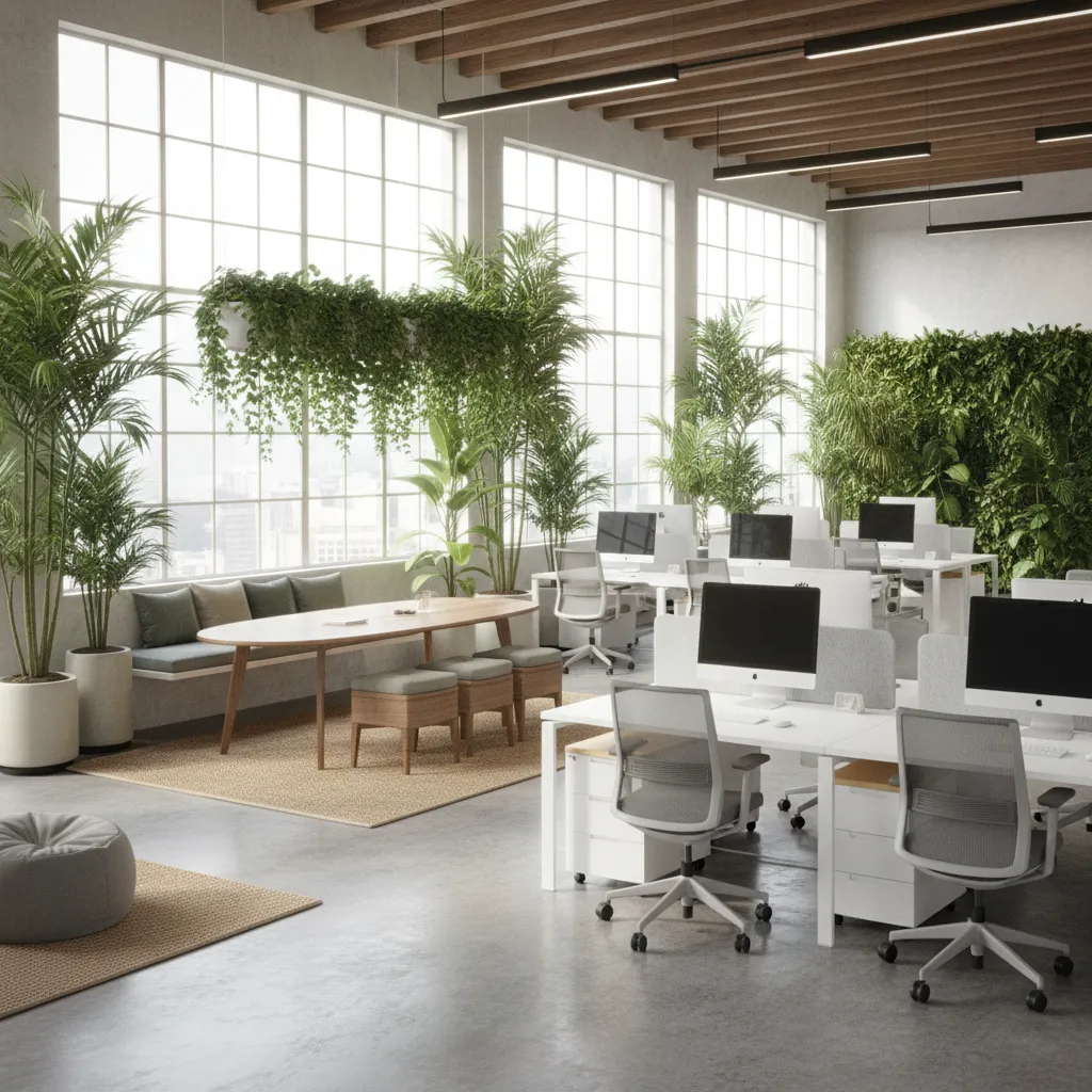 Plantas altas utilizadas para separar espacios de trabajo en una oficina abierta