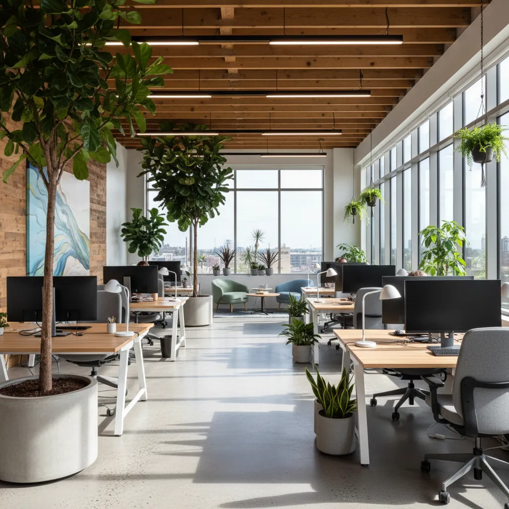 Plantas grandes utilizadas como separadores en una oficina abierta