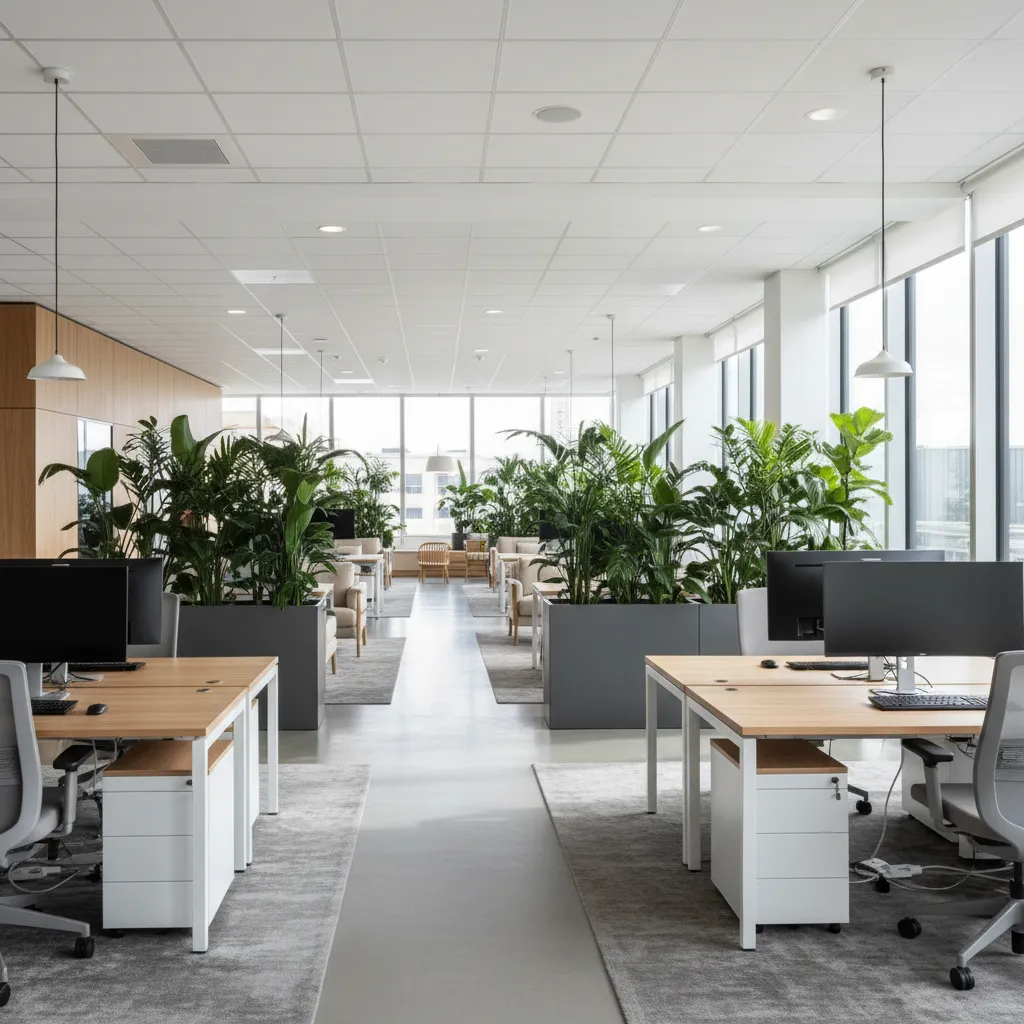 Bright office space with wooden desks and large grey planters filled with tall green plants