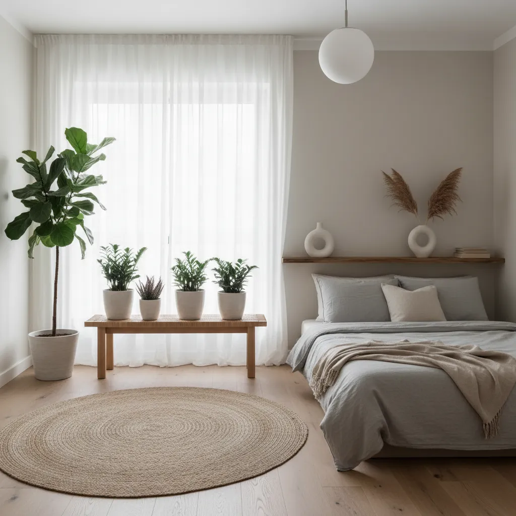 Dormitorio minimalista con plantas decorativas cerca de la ventana