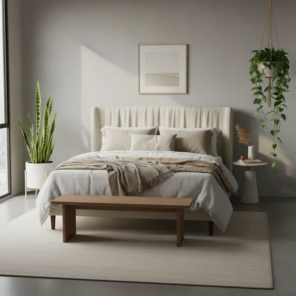 Modern bedroom with beige bed wooden bench rug green plants wall art and natural sunlight