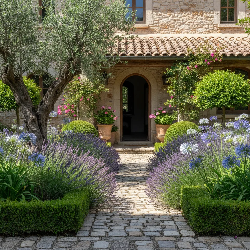 Traditional stone house with arched door and stone path lined with purple lavender and bushes