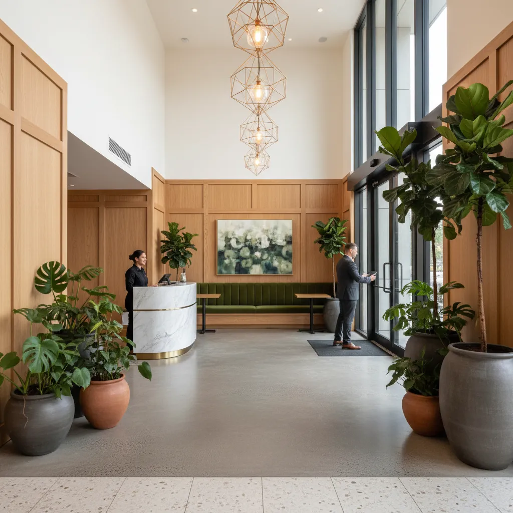 Entrada de restaurante decorada con plantas grandes en macetas