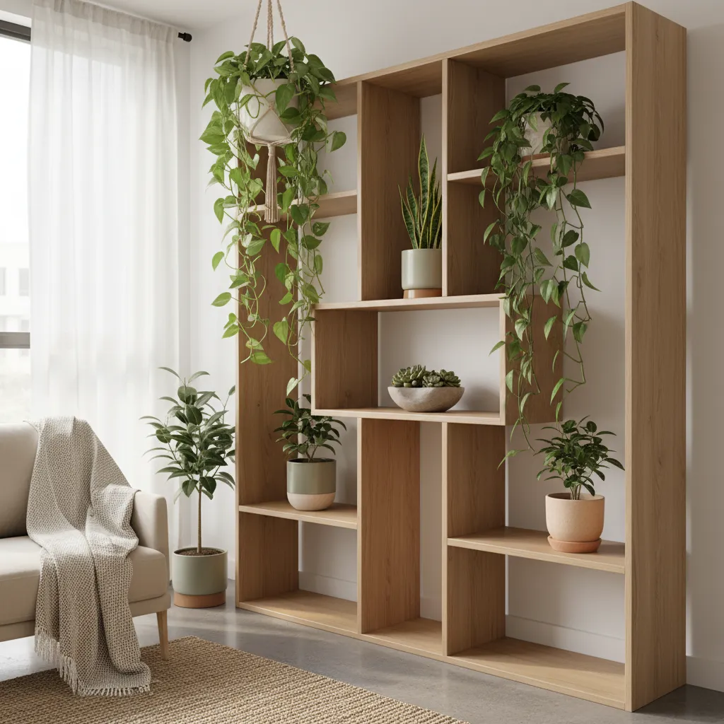 Large wooden bookshelf room divider filled with various green indoor plants next to white curtains
