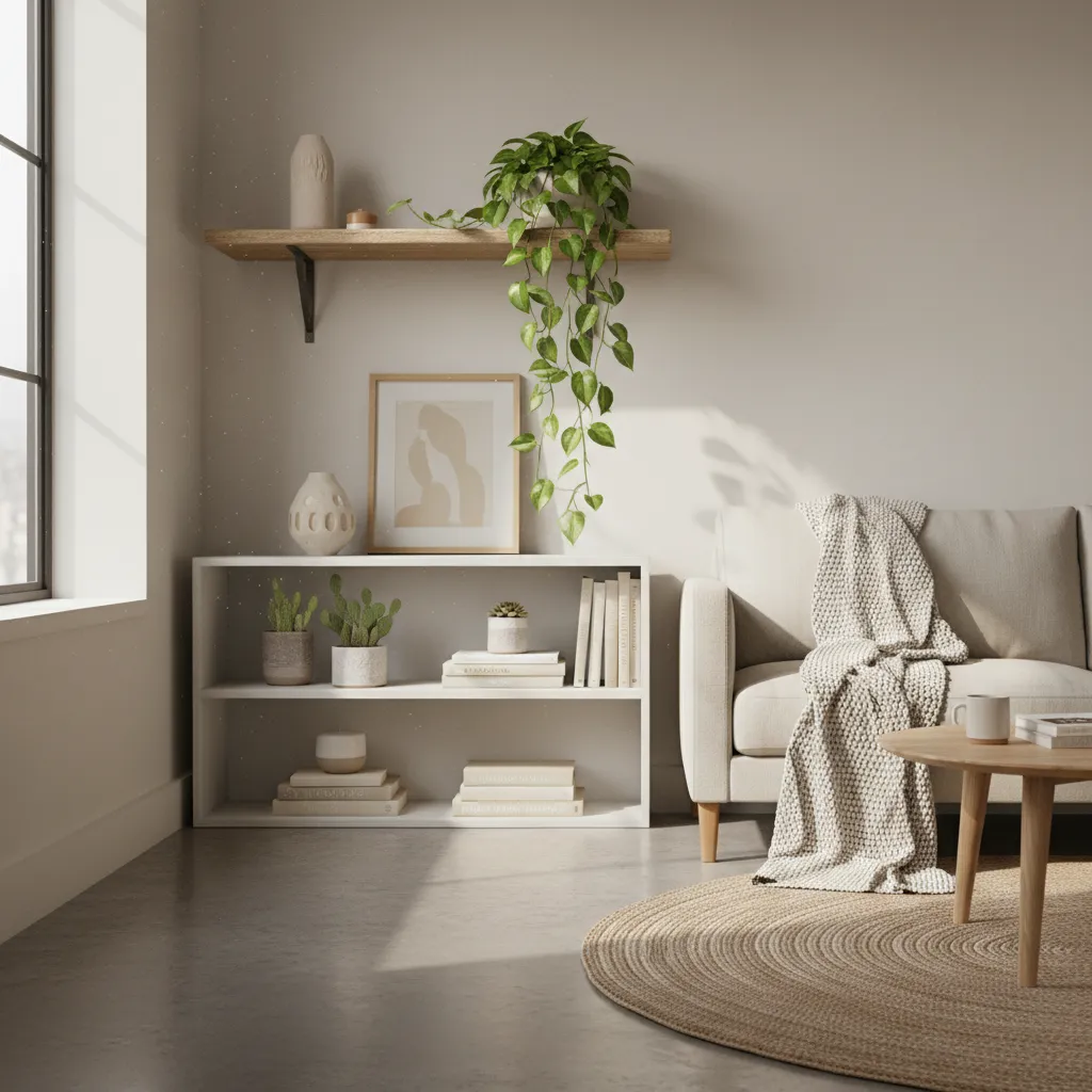 Plantas pequeñas y colgantes en una estantería decorativa