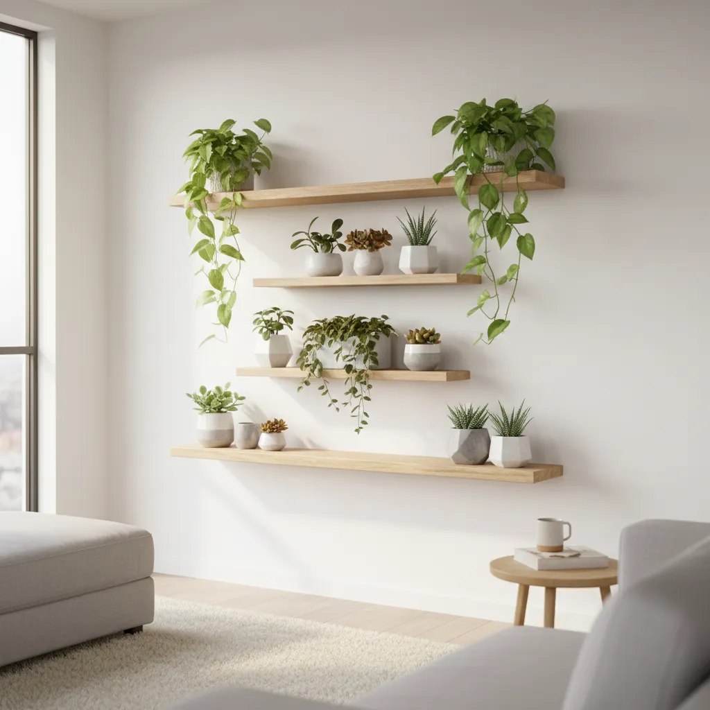 Plantas pequeñas decorativas en estantería interior