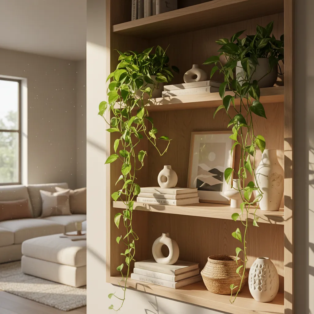 Estantería con plantas colgantes decorando un interior