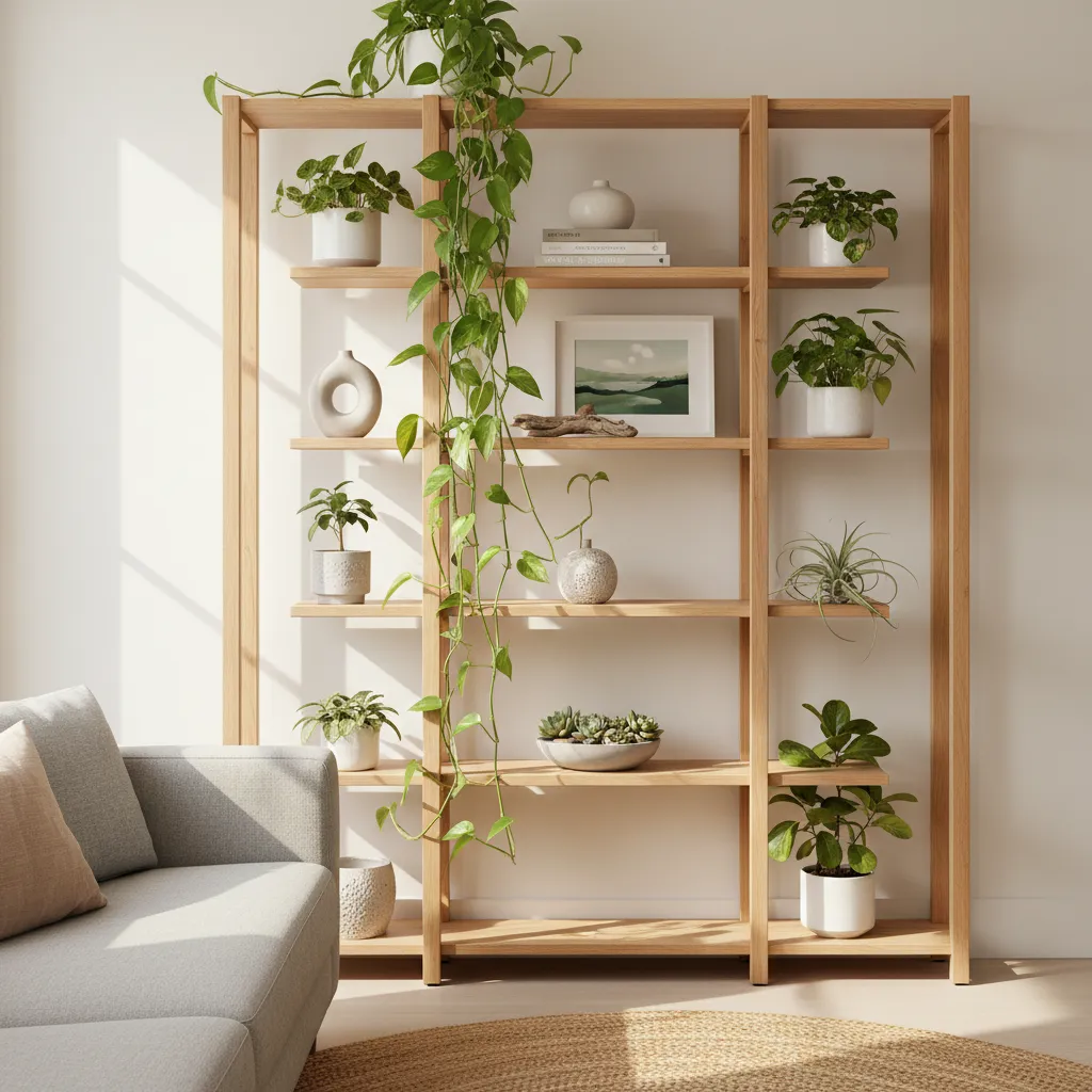 Pequeñas plantas decorando una estantería del salón