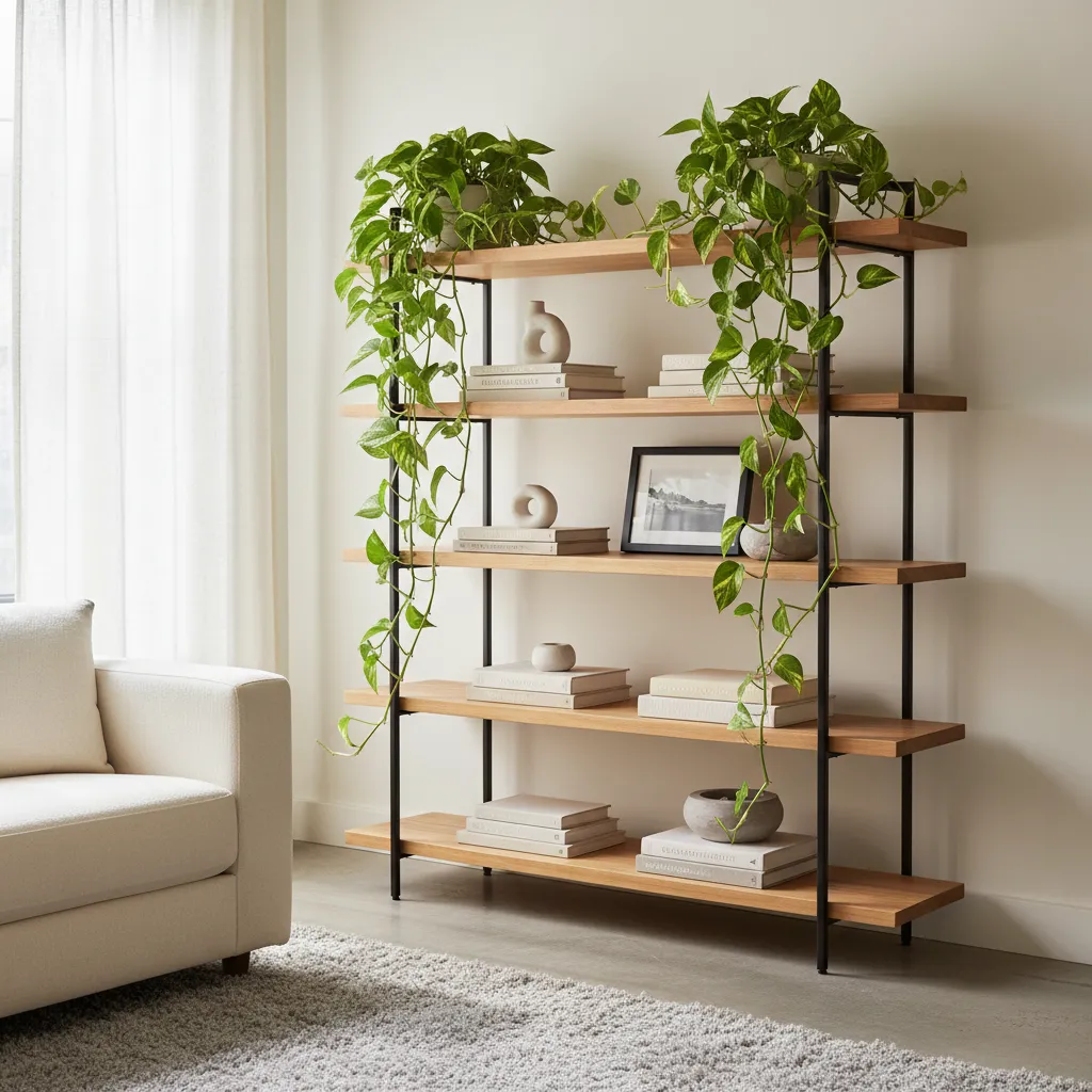 Estantería del salón decorada con plantas colgantes