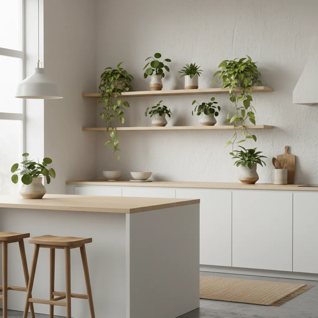 Plantas colocadas en estantes abiertos dentro de una cocina moderna