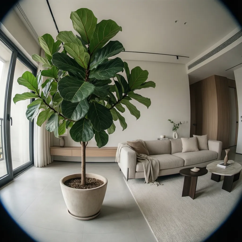Minimalist living room featuring large green tree in pot with beige sofa and coffee tables