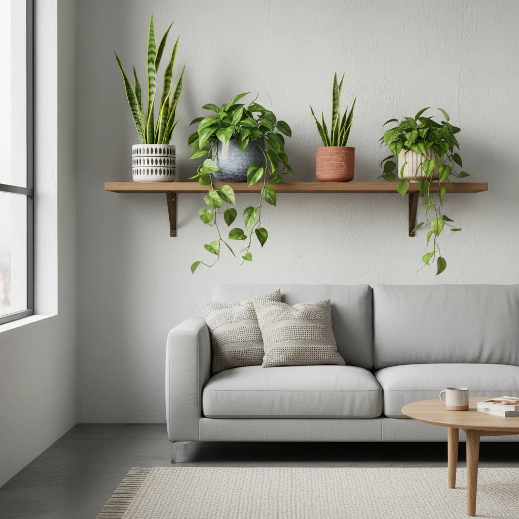 Sansevieria y pothos en macetas decorativas