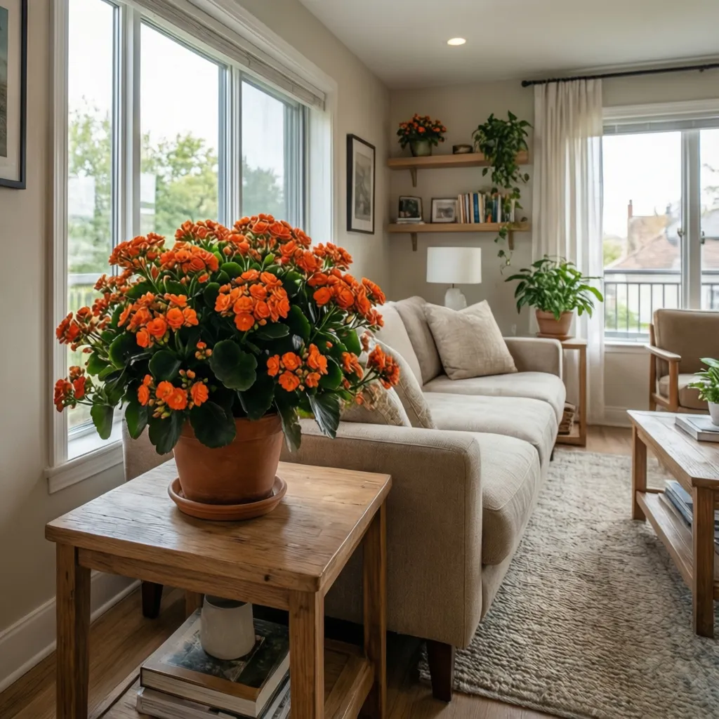 Bright living room featuring orange flowers on a side table next to a large window