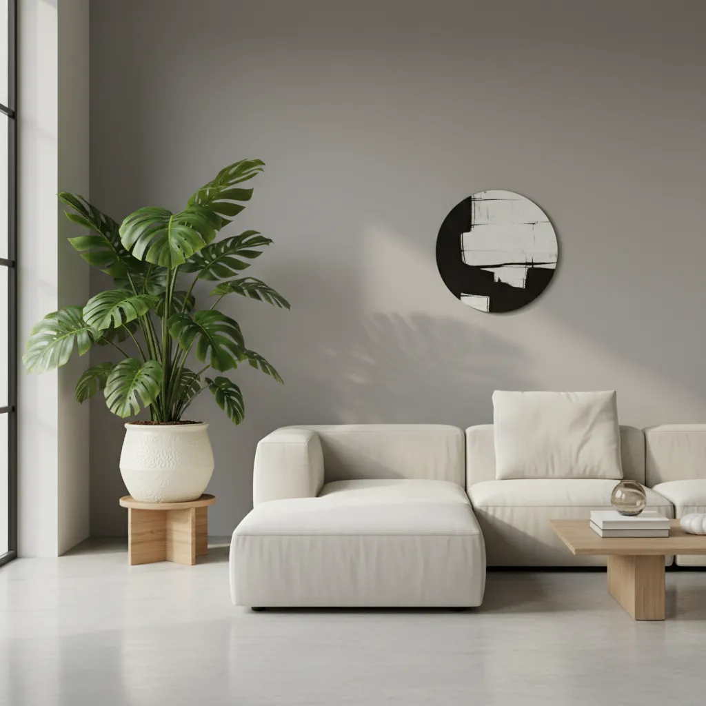 Planta monstera grande en salón luminoso