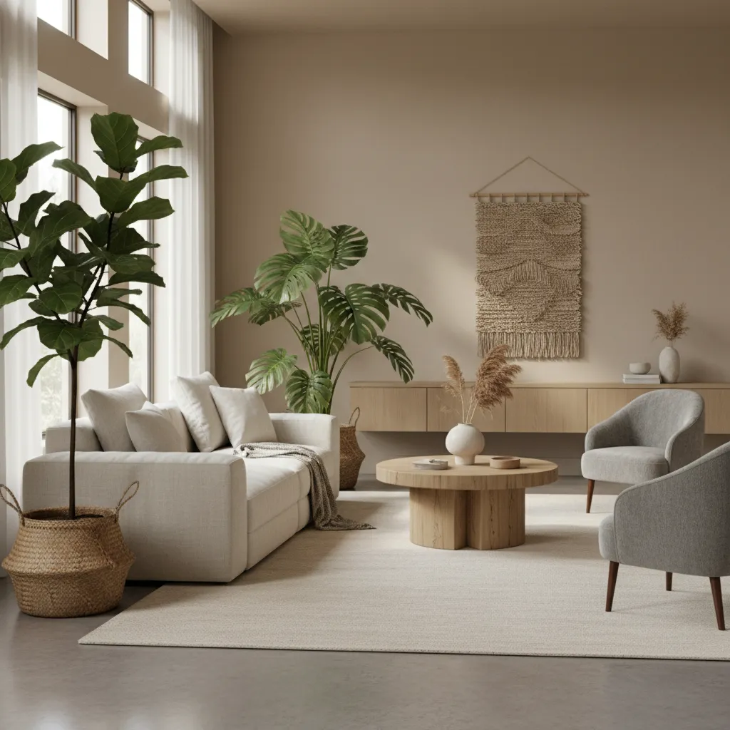 Salón elegante con dos plantas grandes bien colocadas