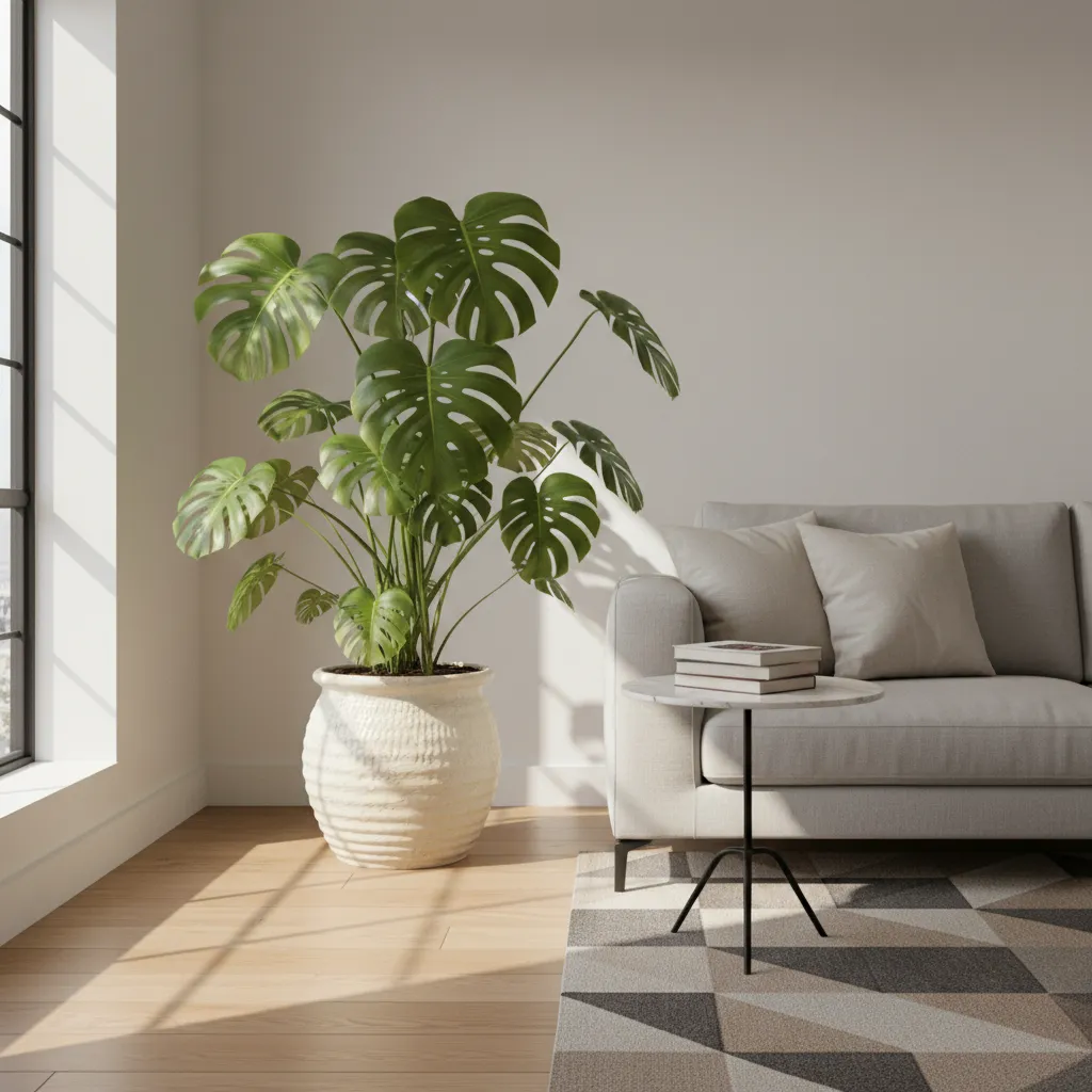 Planta grande de interior colocada en la esquina de un salón luminoso