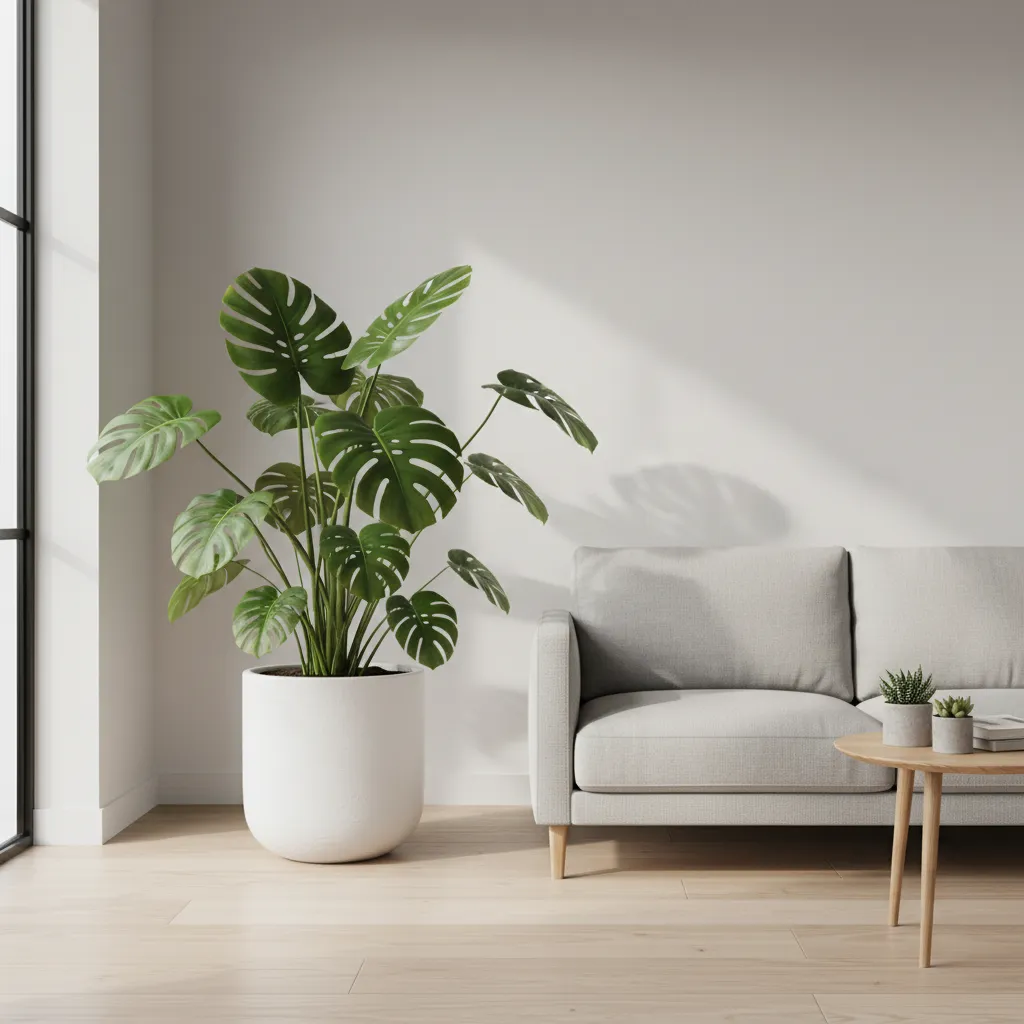 Planta monstera grande decorando un salón luminoso