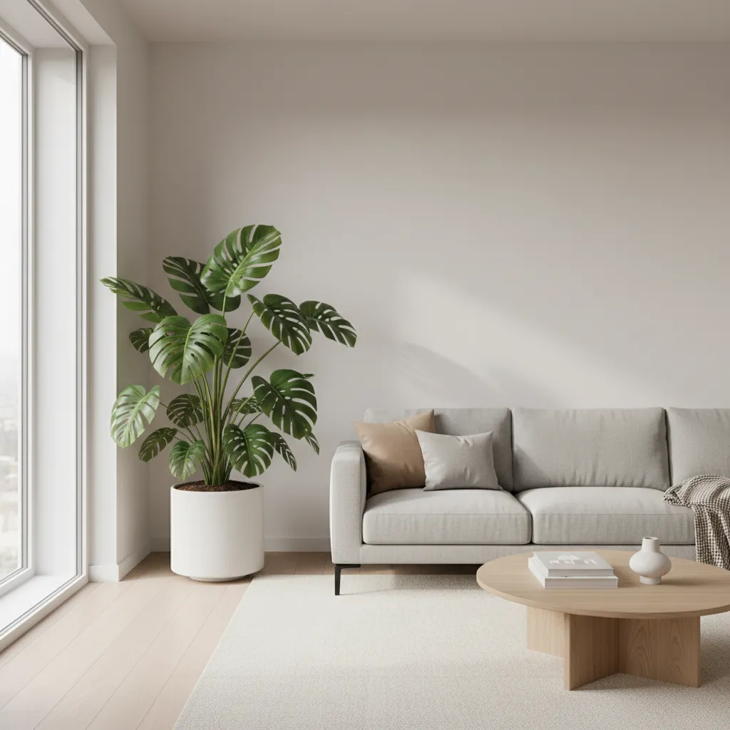 Minimalist living room featuring large green plant next to grey sofa and round wooden table