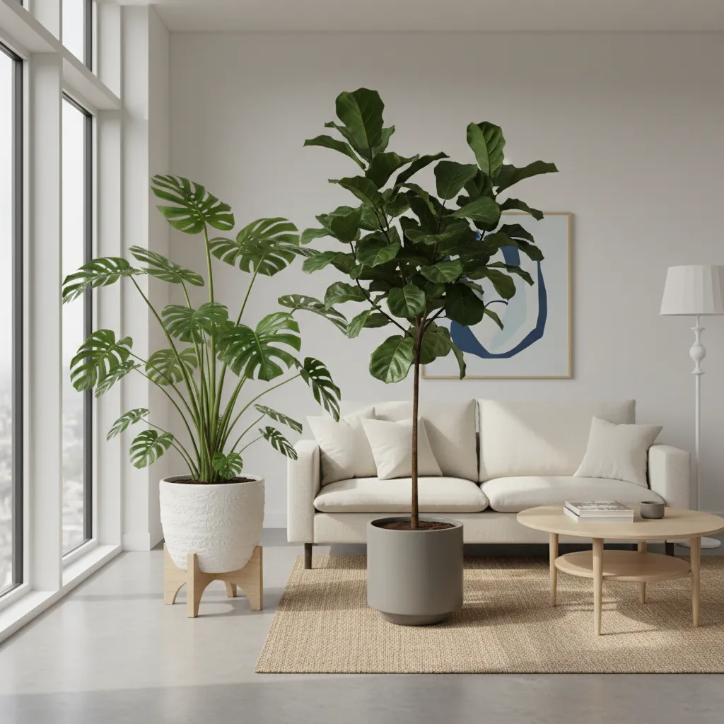 Plantas grandes decorativas en un salón moderno