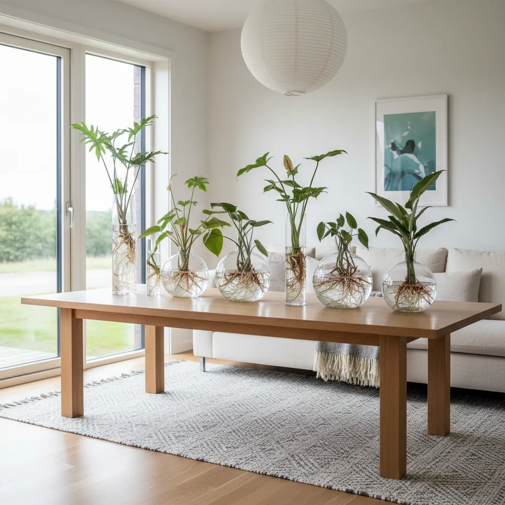 Modern living room with six green plants in glass vases on a large wooden dining table