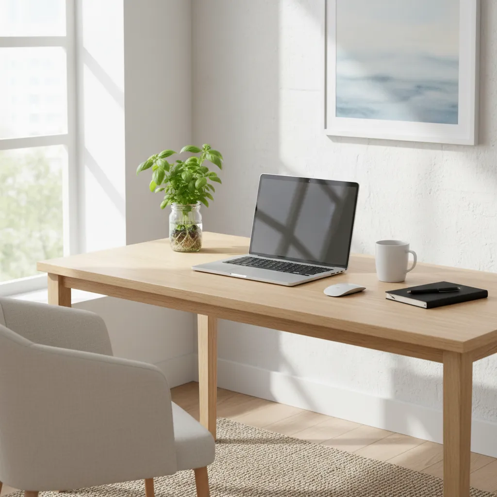 Minimalist home office setup with wooden desk laptop small green plant grey chair and sunlight