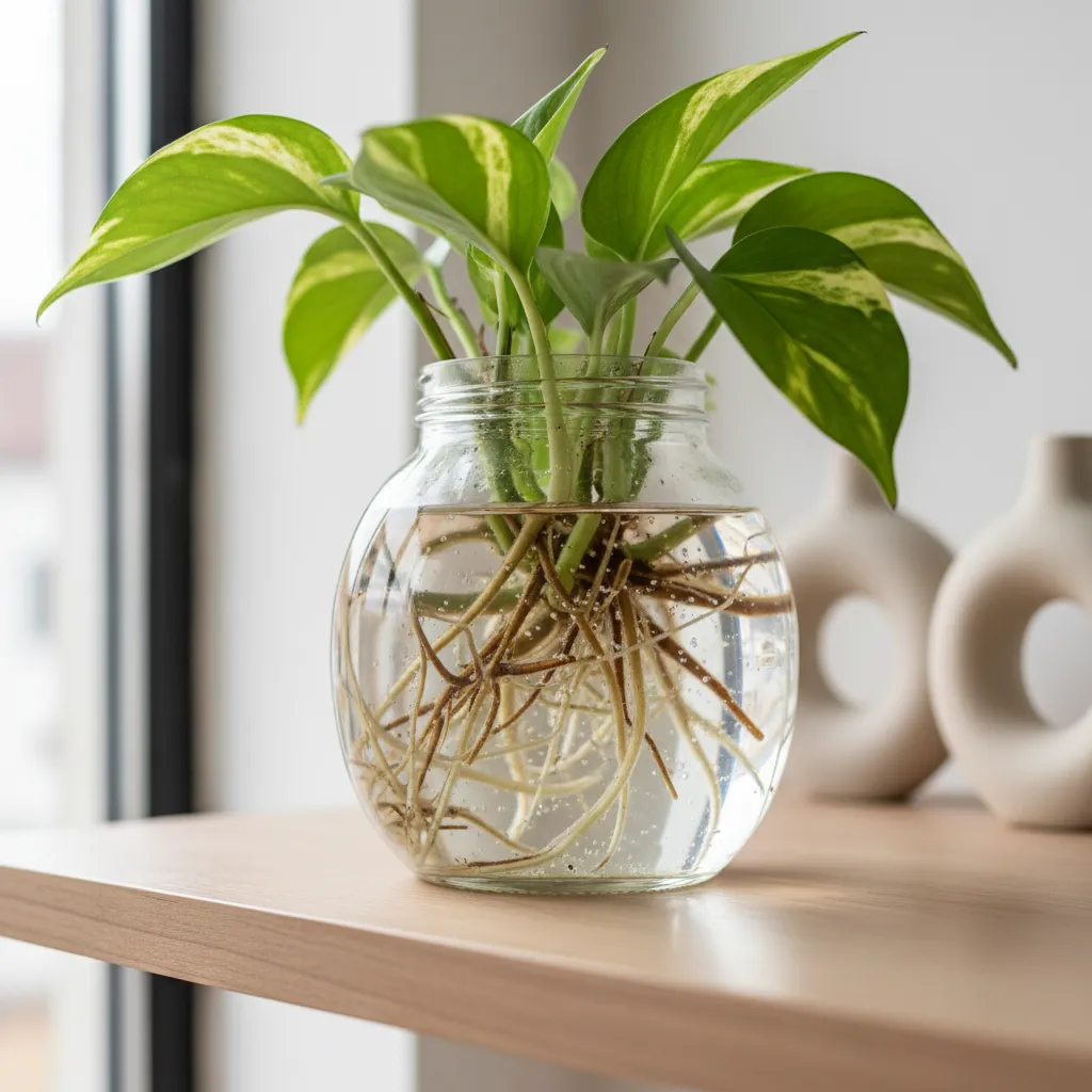 Green plant in round glass water jar showing visible roots on a light wooden table