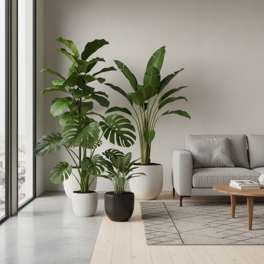 Diferentes plantas de interior con hojas grandes como monstera y ficus