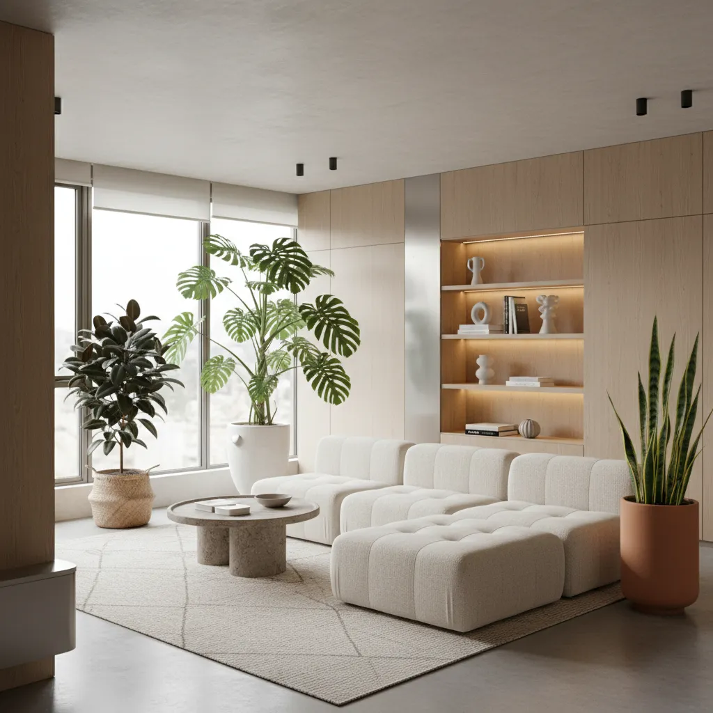 Diseño interior moderno integrando varias plantas decorativas