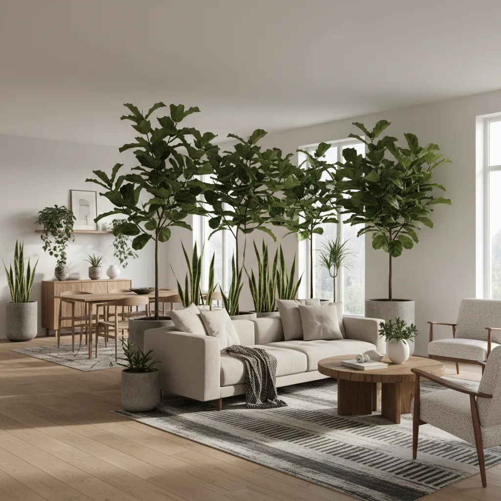 Plantas grandes integradas en el diseño de un salón contemporáneo