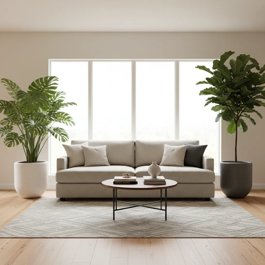 Modern living room with beige sofa, large green potted plants, coffee table, and large bright windows