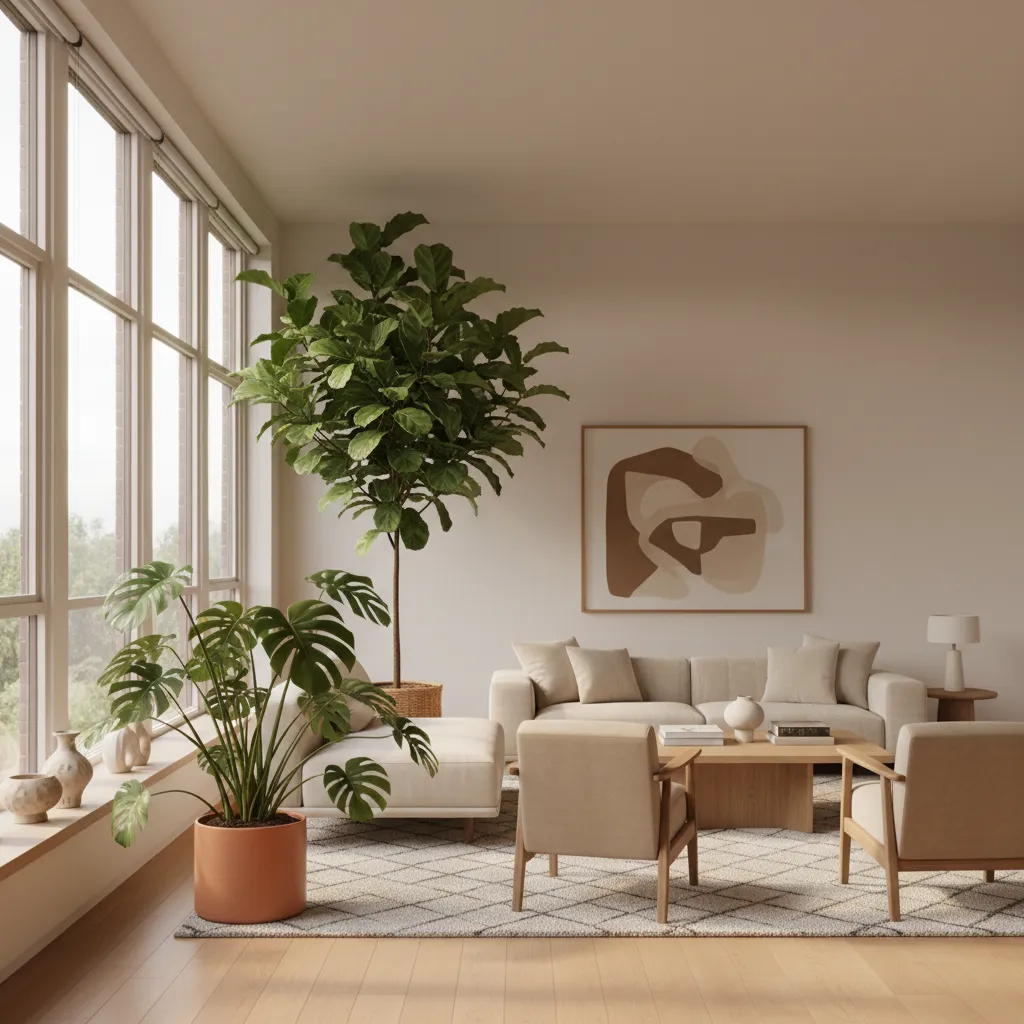 Beige living room with sofa wooden coffee table large windows tall tree and potted plant