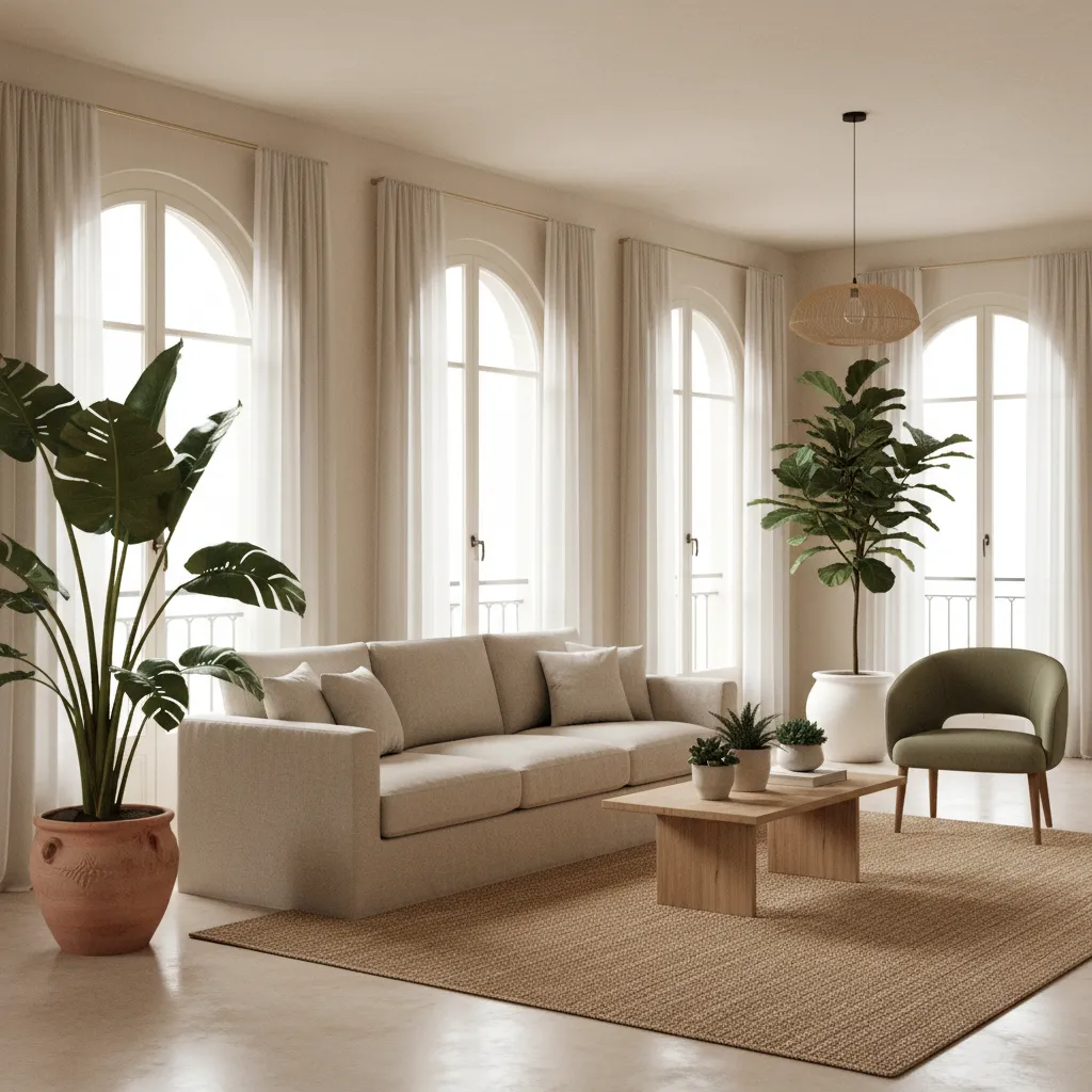 Spacious living room with arched windows, beige sofa, green chair, wooden table, and several plants