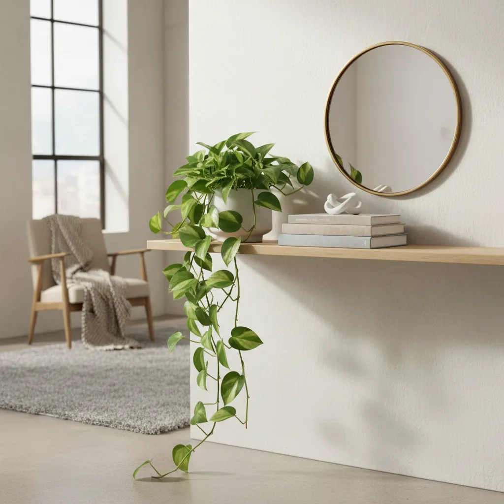 Estantería con plantas pothos y decoración interior moderna