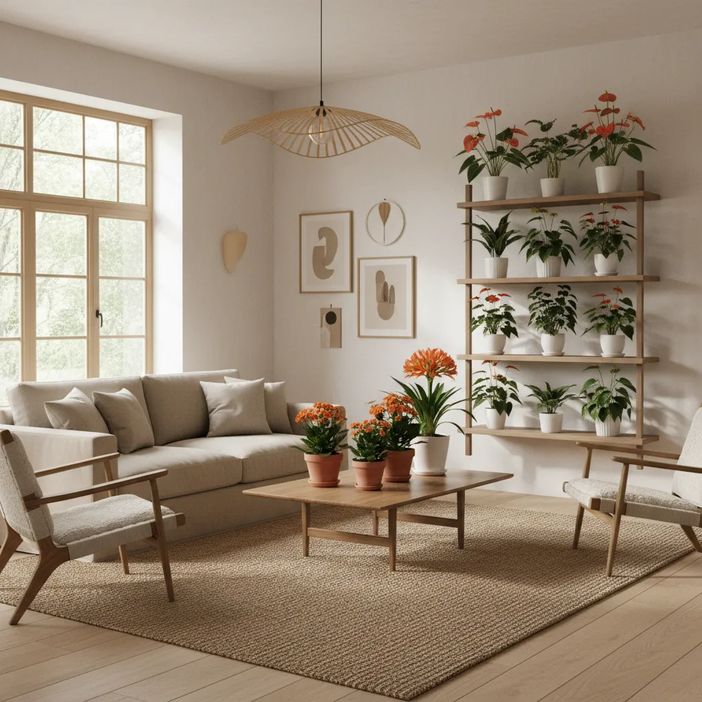 Modern living room with beige sofa wooden coffee table and wooden wall shelf for plants