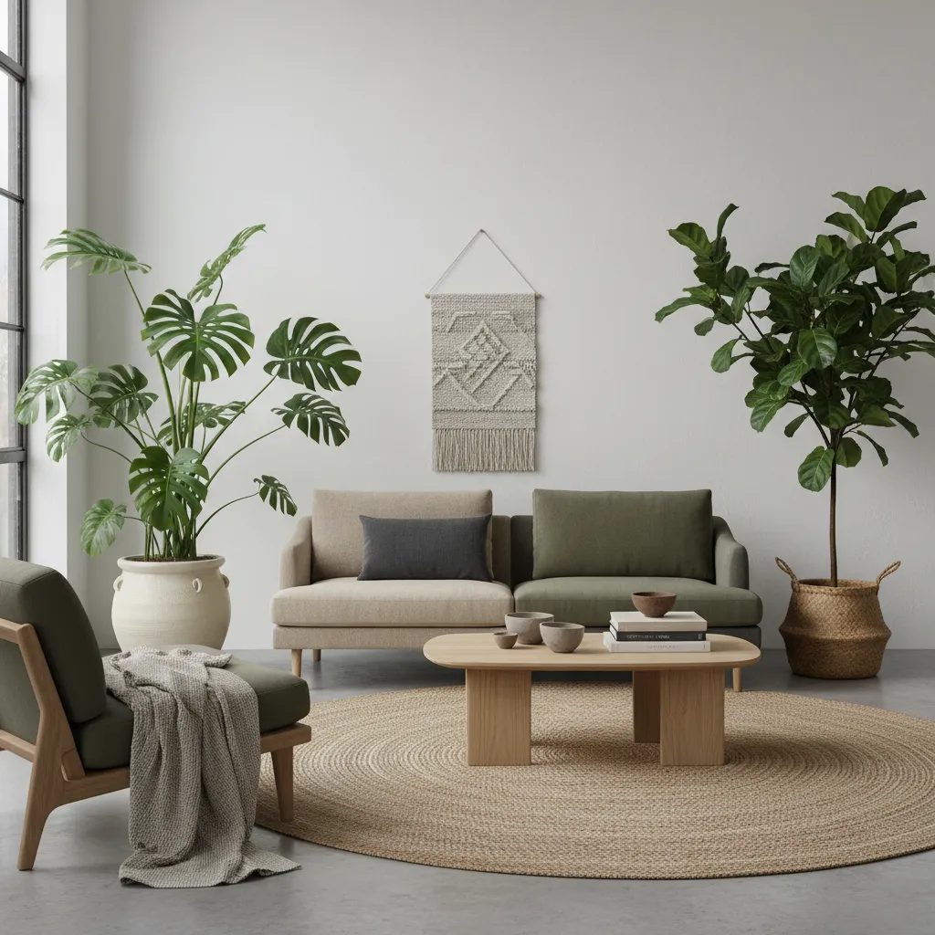 Plantas de interior en un salón con luz media y decoración moderna