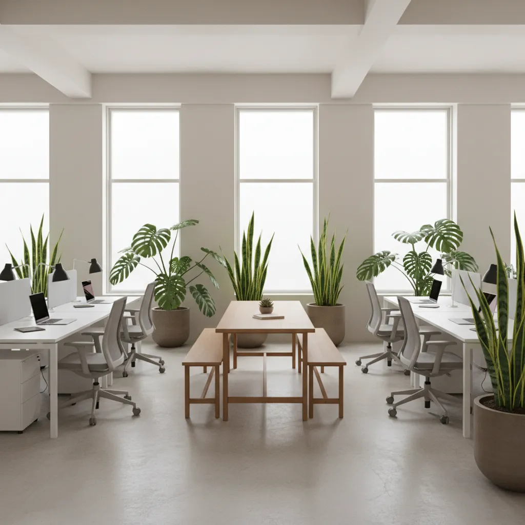 Open office room layout with white desks grey chairs large green plants and wooden table