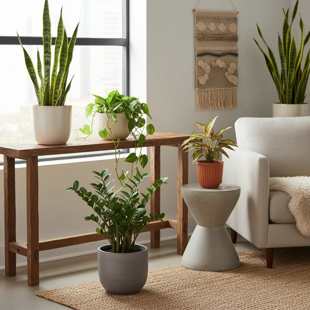 Colección de plantas de interior resistentes colocadas cerca de una ventana con luz indirecta