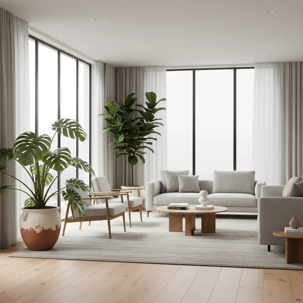 Modern living room with grey sofa wooden coffee table two armchairs large windows and plants